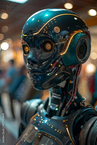 A highly detailed and futuristic humanoid robot with illuminated circuits and mechanical components in a bright, modern setting.