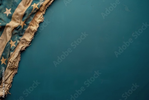 American Flag Draped on Distressed Blue Wood Background