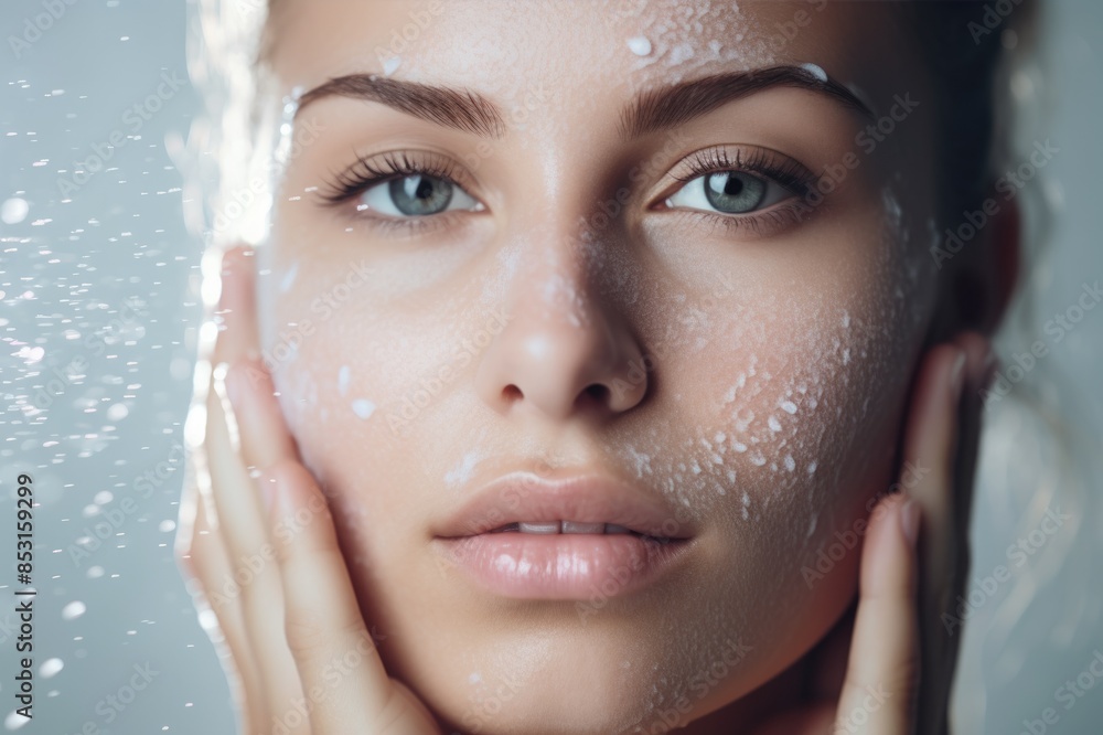 Woman with foam on her face enjoying skincare routine Woman with foam on her face enjoying skincare routine