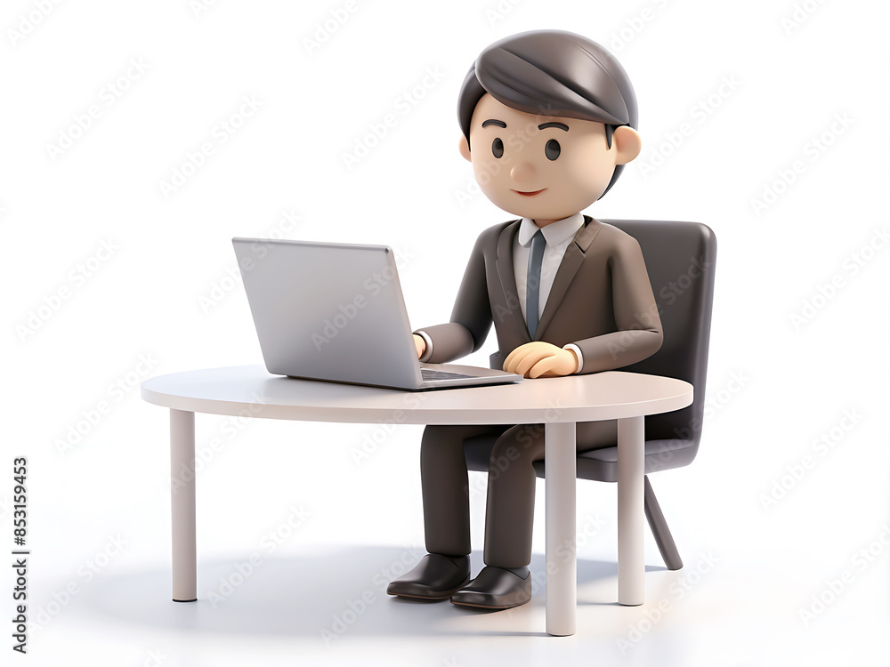 3D animated cartoon of an adult person sitting at a modern, curved desk while using a laptop 3D animated cartoon of an adult person sitting at a modern, curved desk while using a laptop
