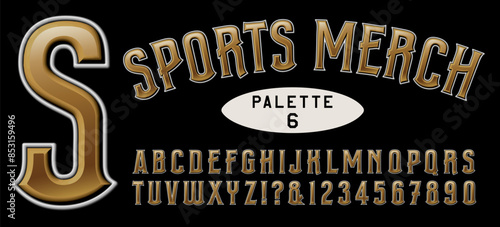 A metallic gold and white alphabet with 3d effects, ideal for sports merchandising and apparel