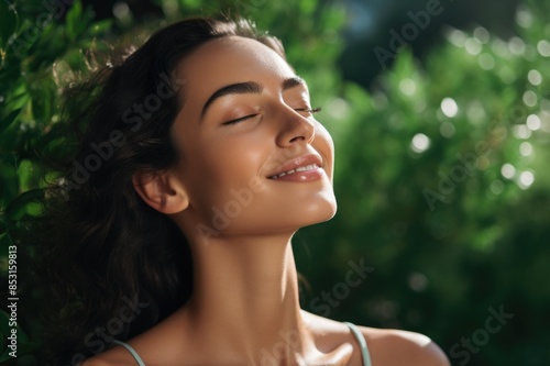 Woman enjoying sunlight with closed eyes and smile