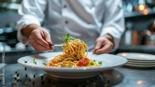 Chef serving spaghetti dish in a restaurant setting. 