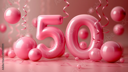 Number 50 with balls and ribbons in pink, in the style of celebration, anniversary concept photo