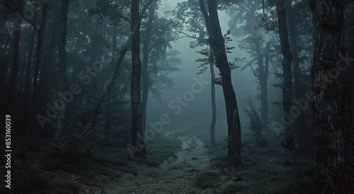 A Misty Forest Path on a Gloomy Day