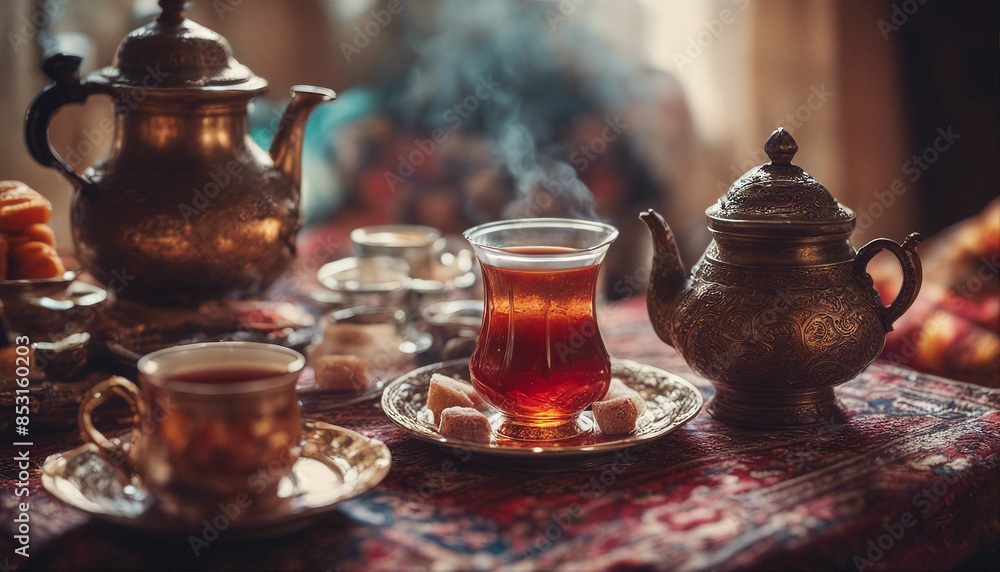 Cozy Turkish Tea Setting with Traditional Samovar and Steaming Tea