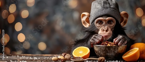 monkey chef in hat, surrounded by kitchen utensils, preparing a meal photo
