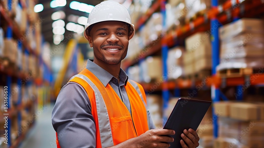 smiling worker in warehouse holding a tablet pc. Generative ai smiling worker in warehouse holding a tablet pc. Generative ai