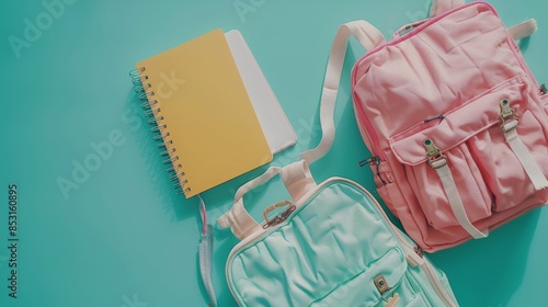 Backpack and Notebook on Blue Background