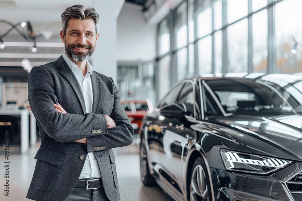 Male client customer choosing a new car in car showroom Male client customer choosing a new car in car showroom