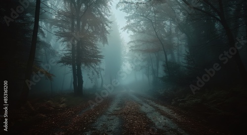 A Misty Forest Path on a Gloomy Day