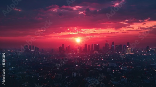 City Sunset Skyline with Stunning Pink and Purple Hues in a Dramatic Atmosphere