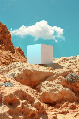 Single white cardboard mockup box on rock in laborwave style with minimalist blue background photo