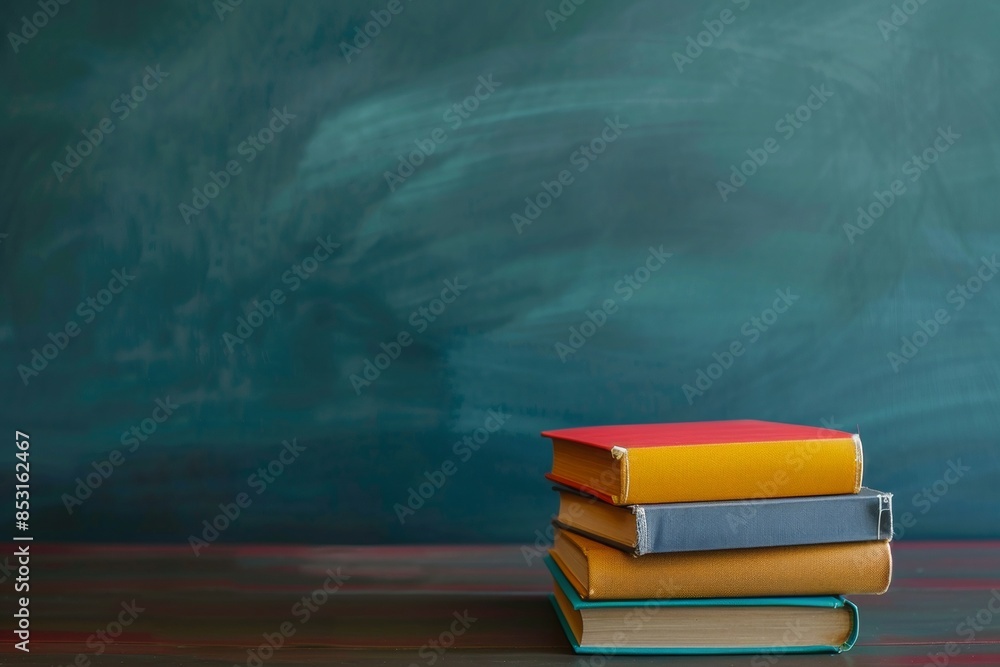 A group of colorful books on a wooden table in the classroom on a blackboard background A group of colorful books on a wooden table in the classroom on a blackboard background