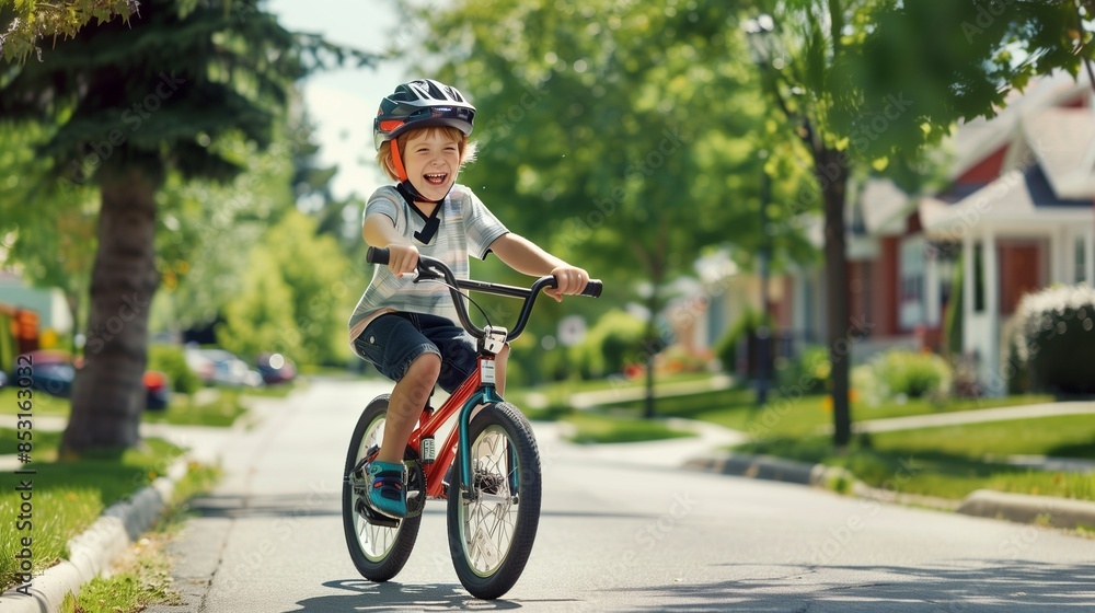 A cheerful boy riding his bicycle down a tree-lined suburban street on a sunny day, wearing a helmet and laughing with pure joy, with a backdrop of neatly trimmed lawns and colorful houses. A cheerful boy riding his bicycle down a tree-lined suburban street on a sunny day, wearing a helmet and laughing with pure joy, with a backdrop of neatly trimmed lawns and colorful houses.