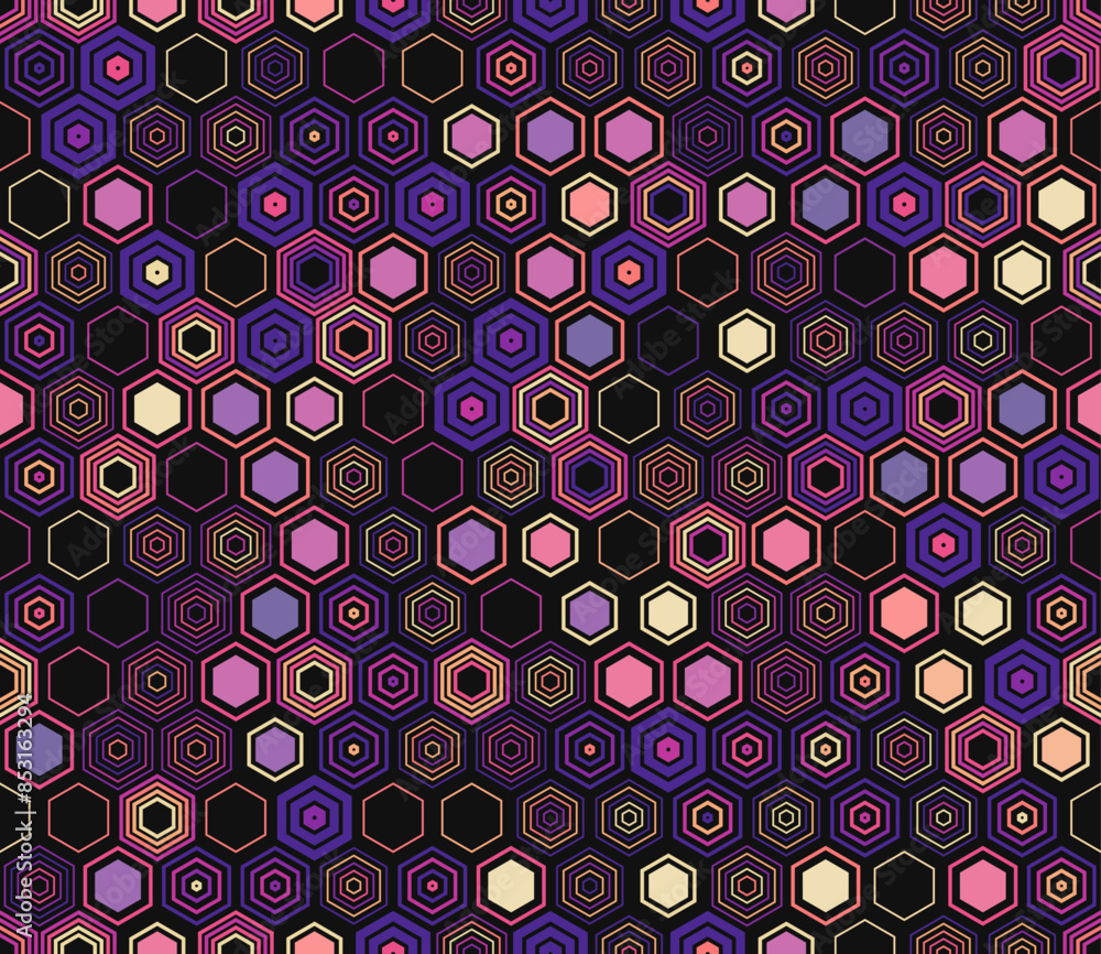 Tileable abstract background featuring geometric shapes of varied styles and colors. Hexagon cells create a seamless pattern in this superb vector illustration. Tileable abstract background featuring geometric shapes of varied styles and colors. Hexagon cells create a seamless pattern in this superb vector illustration.
