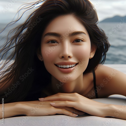 Girl swims on an inflatable mattress on the sea
