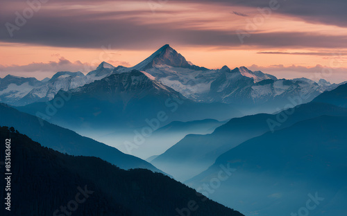 background showcasing a majestic mountain range at sunrise, with warm colors and misty valleys 