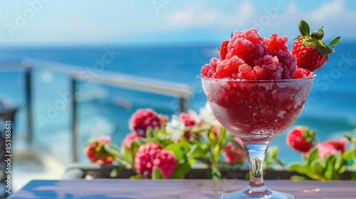 Sweet fruity treat from Italy, served in summer. Strawberry granita Siciliana is a half-frozen dessert. It comes with a sea view. photo