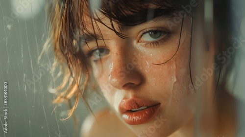 Mirror reflection of a brunette beauty with freckles, gazing through the steam with wet hair and skin.