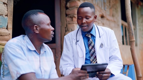 African doctor in a white coat, consulting with a patient outside a traditional African home. The doctor shows information on a tablet. photo