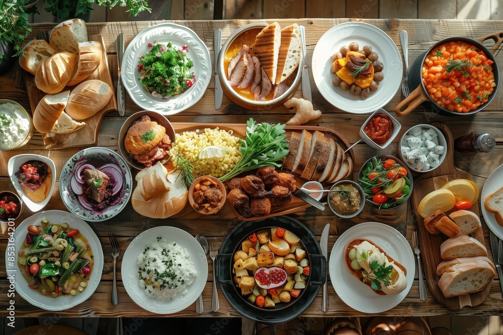 Wooden table full of food plates, top view Wooden table full of food plates, top view