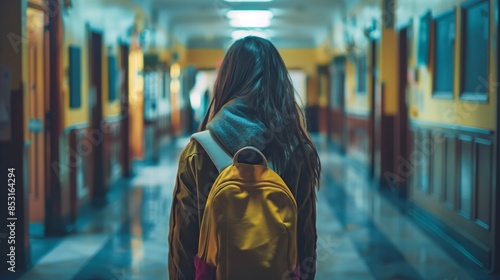 High school hallway perspective: A lone female student with long hair, carrying a backpack, walks down the empty corridor of a modern, minimalist American high school.