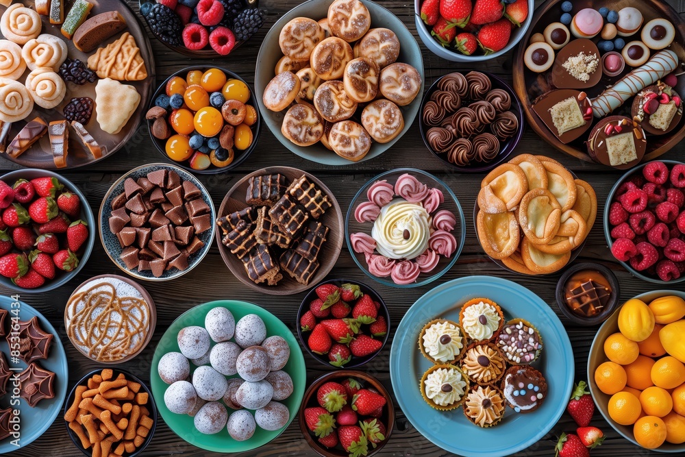 Wooden table full of food plates, top view Wooden table full of food plates, top view
