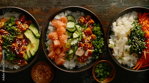 Wallpaper Mural Top view of poke bowl with shrimp rice avocado soy sauce and sesame on a black stone table Torontodigital.ca