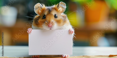 Banner with a cute hamster is holding a blank white sheet with its tiny paws. Copy space for your text photo