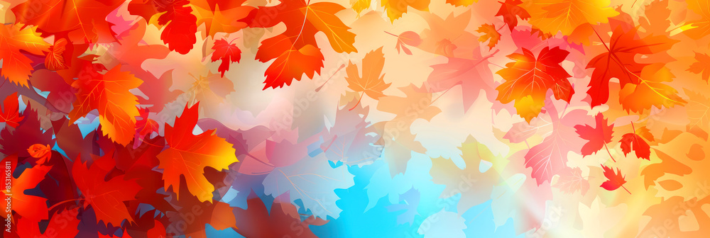 An autumn-themed banner featuring a vibrant pattern of orange and red leaves against a bright background. The richly colored leaves create a warm and inviting seasonal design