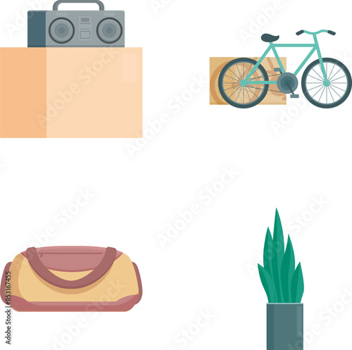 Vector icons of a boombox, bicycle, duffle bag, and potted plant