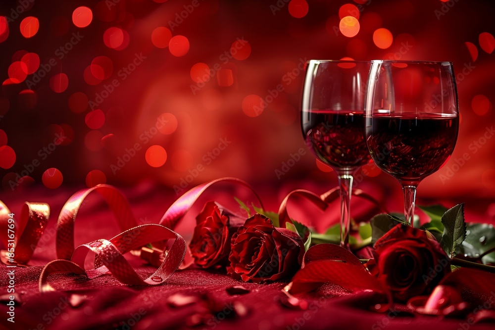 Elegant romantic setting with two wine glasses. Red roses, ribbons, and bokeh lights in the background. Perfect for celebrations, Valentine's Day, or romantic dinners. Generative AI Elegant romantic setting with two wine glasses. Red roses, ribbons, and bokeh lights in the background. Perfect for celebrations, Valentine's Day, or romantic dinners. Generative AI