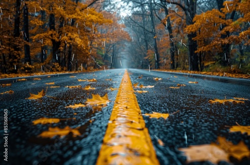 Wet Road With Yellow Lines Through Autumn Trees