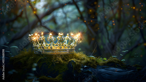 mysterious and magical photo of gold king crown in the woods. Medieval period concept.