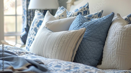 Bed With Blue and White Sheets and Pillows