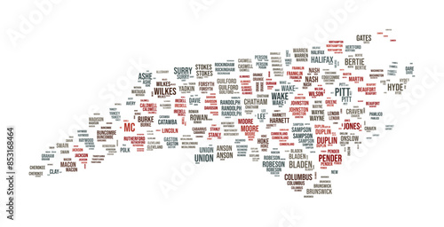 North Carolina Word Cloud. State shape with county division. North Carolina typography style image. County names tag clouds. Vector illustration.