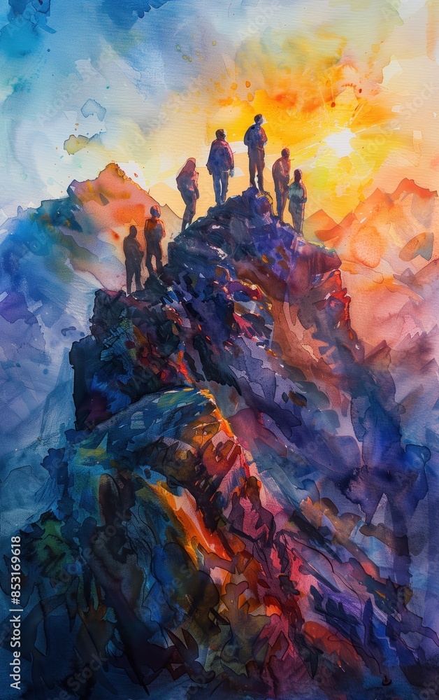 Fototapeta premium Inspirational, magical watercolor painting, group of individuals standing on a mountain peak at sunrise