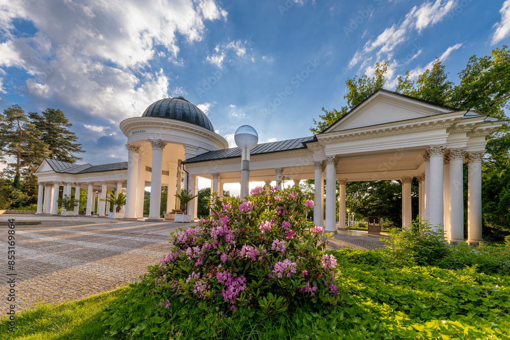 Colonnade (Kolonáda in Czech) of the cold mineral water springs Caroline and Rudolf - center of the famous small west Bohemian spa town Marianske Lazne (Marienbad) - west part of Czech Republic,Europe