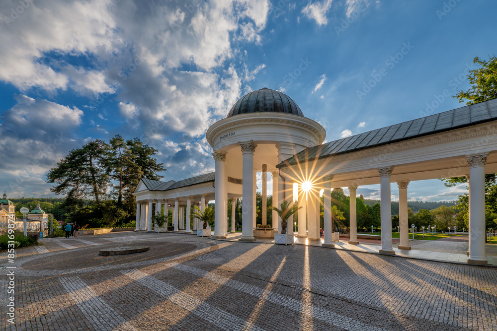 Colonnade (Kolonáda in Czech) of the cold mineral water springs Caroline and Rudolf - center of the famous small west Bohemian spa town Marianske Lazne (Marienbad) - west part of Czech Republic,Europe
