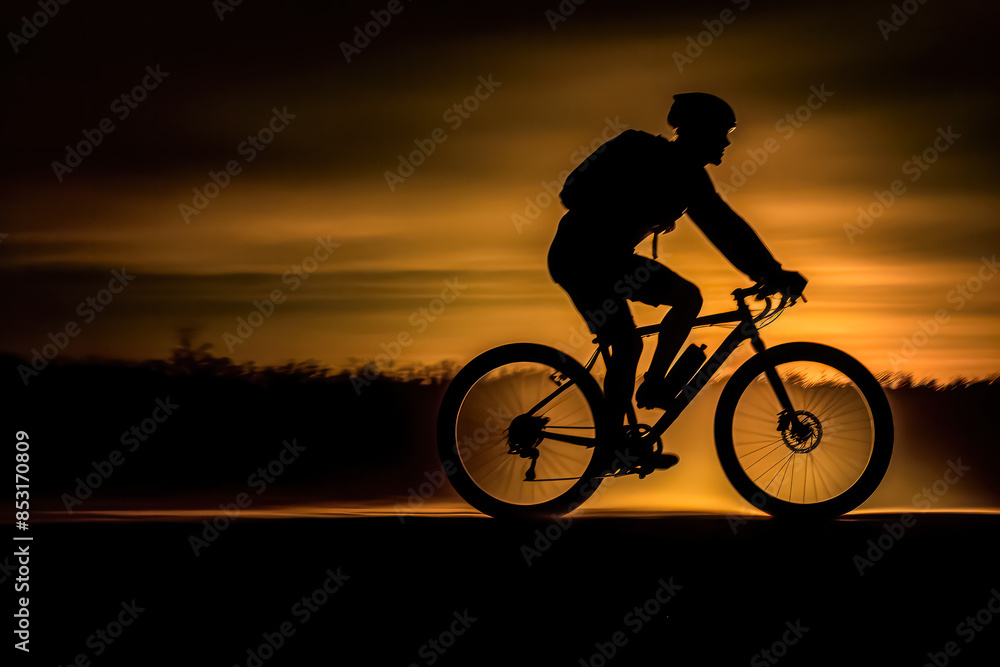 A man is riding a bicycle in the evening. The image has a moody and dramatic feel to it, with the silhouette of the man and the bike against the orange sky. The orange sky adds a sense of warmth A man is riding a bicycle in the evening. The image has a moody and dramatic feel to it, with the silhouette of the man and the bike against the orange sky. The orange sky adds a sense of warmth
