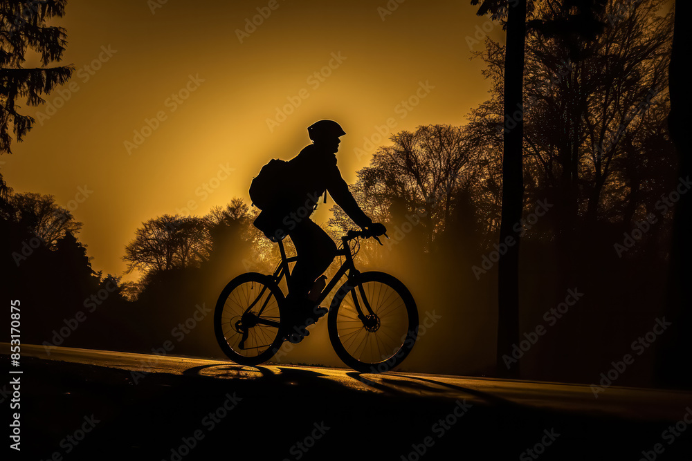 Fototapeta premium A man is riding a bicycle in the evening. The image has a moody and dramatic feel to it, with the silhouette of the man and the bike against the orange sky. The orange sky adds a sense of warmth