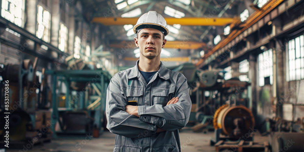 Banner with confident worker in a grey uniform and white hard hat stands with arms crossed in a spacious industrial factory. The background features machinery and equipment Banner with confident worker in a grey uniform and white hard hat stands with arms crossed in a spacious industrial factory. The background features machinery and equipment