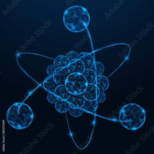 Atom. Polygonal design of interconnected lines and dots. Blue background.