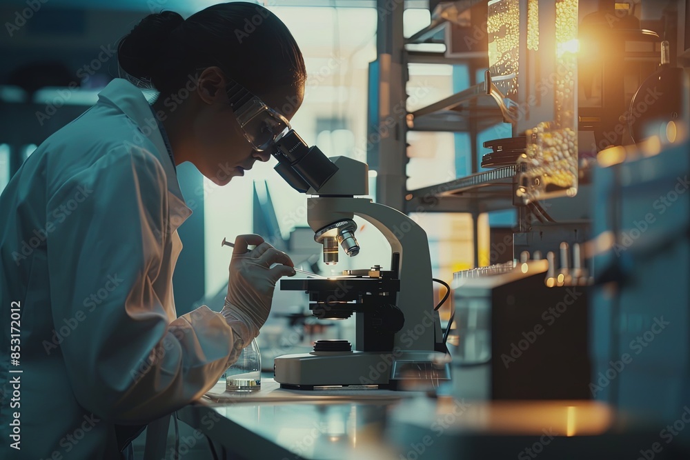 Scientist using microscope in lab at sunset Scientist using microscope in lab at sunset