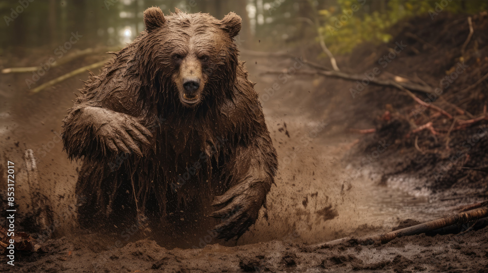Fototapeta premium Running brown bear in mud wild nature background.