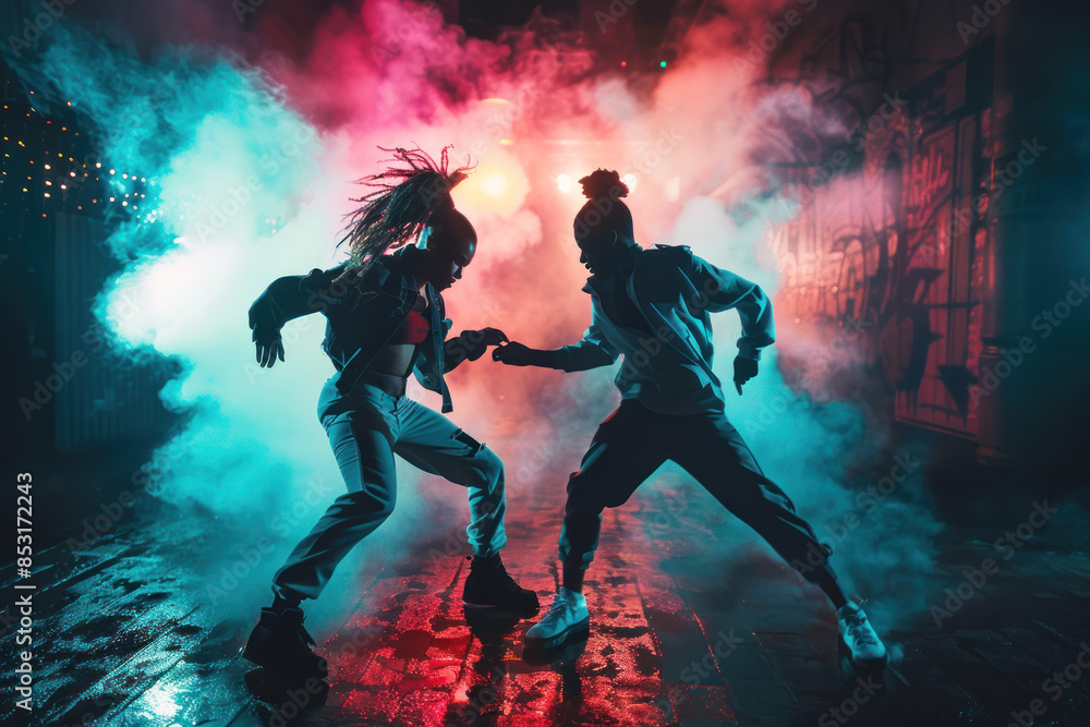 Fototapeta premium Two dancers perform a dynamic hip-hop routine on a stage with dramatic lighting and smoke effects. The intense blue and red lights