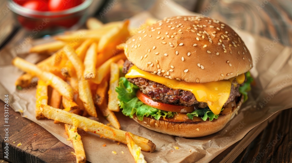 French fries accompanied by a cheese and pork burger French fries accompanied by a cheese and pork burger