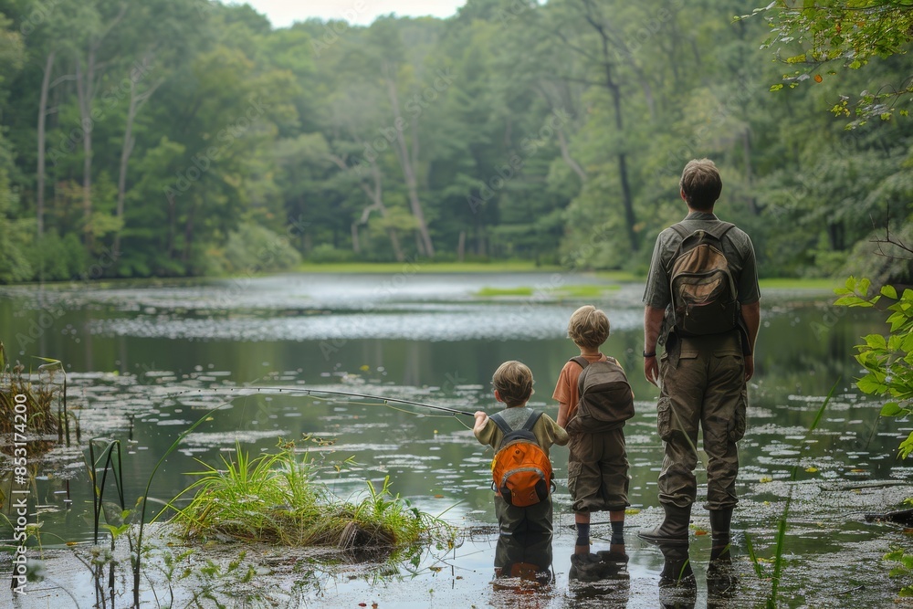 Father and Sons Fishing on a Tranquil Pond in a Lush Forest Father and Sons Fishing on a Tranquil Pond in a Lush Forest