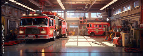 Firetruck ready inside a fire station bay